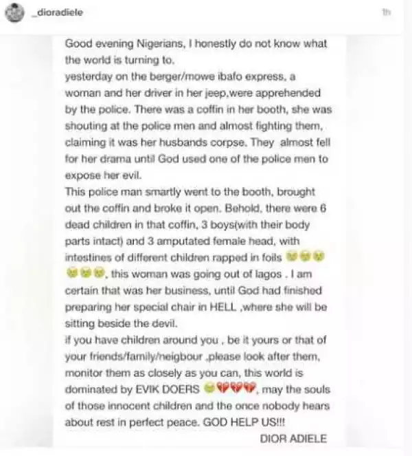Woman Allegedly Caught With 6 Dead Children Inside A Coffin In Her SUV In Lagos